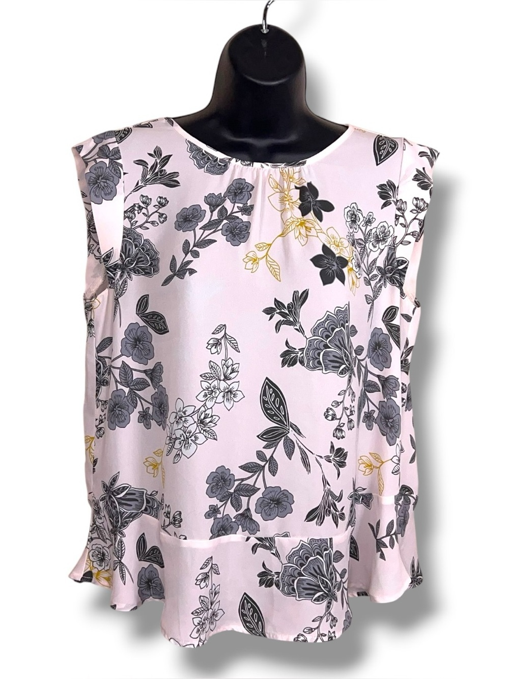 Small Ann Taylor Loft Light Pink Black Floral Blouse Cap Sleeve Peplum Ruffle